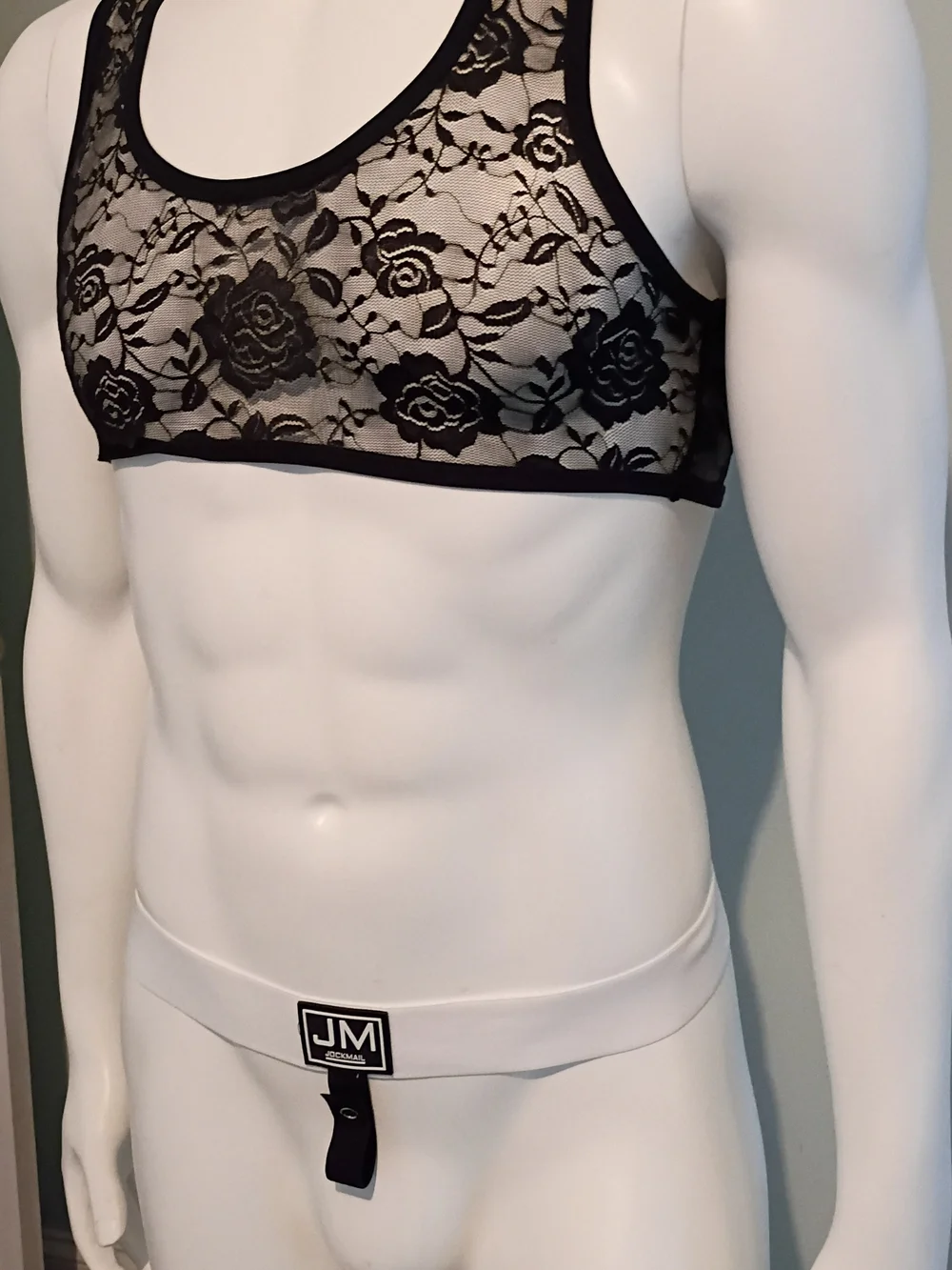 Men's Black Lace Brief-Style Tank - Sheer Floral Mesh